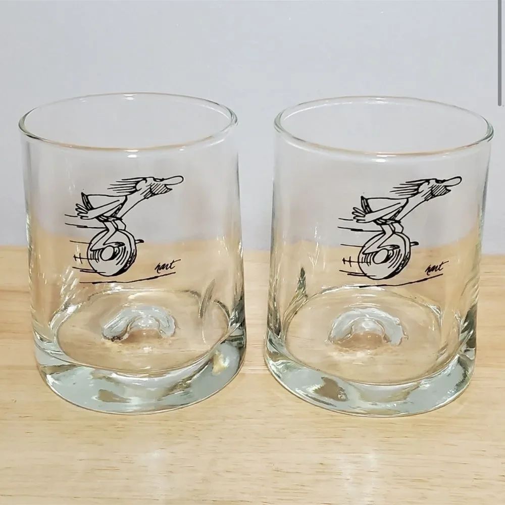 Vintage Johnny Hart BC Comics Caveman on A Roll Rocks Glasses Barware.